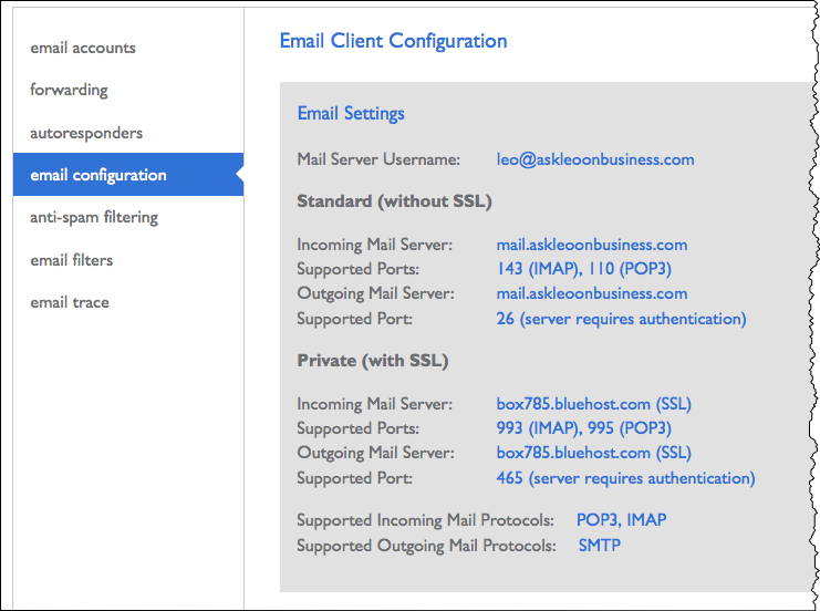 Bluehost email configuration