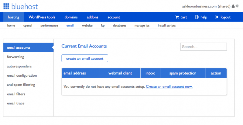 Bluehost email management interface