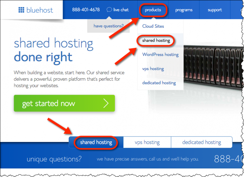 Bluehost Shared Hosting sales page