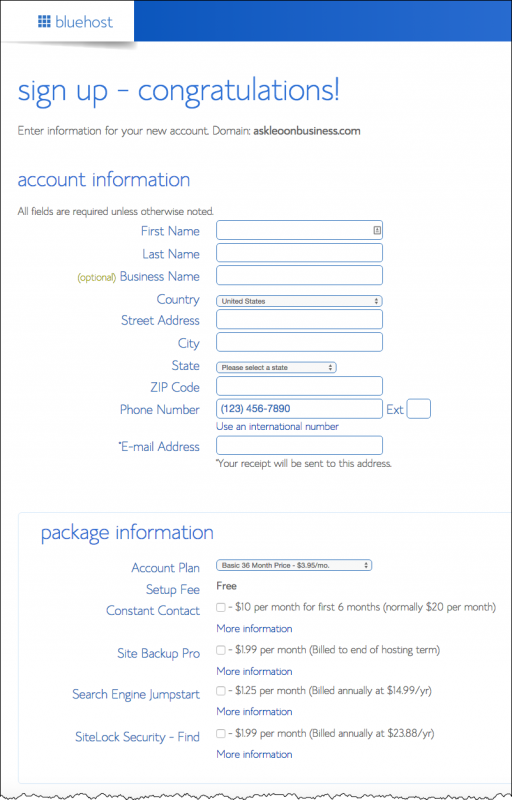 Bluehost signup page