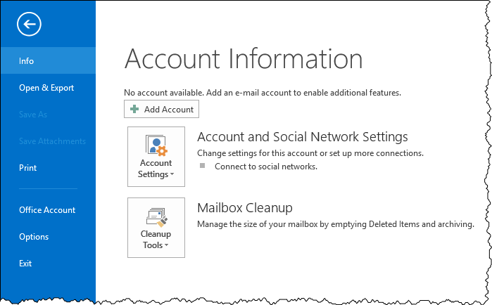 Outlook Account Information page