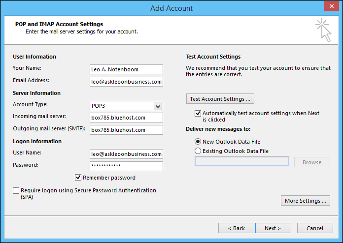 Outlook Add Account Dialog