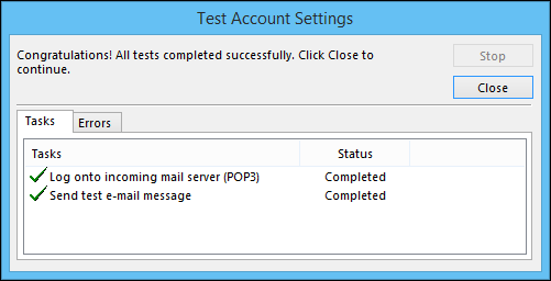 Outlook configuration test results