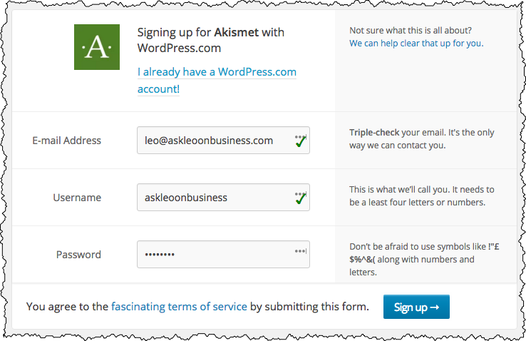 Akismet Sign Up Page