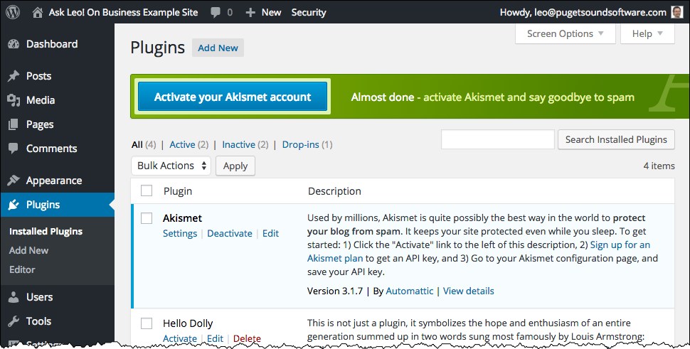 Unconfigured Akismet in the Plugin List