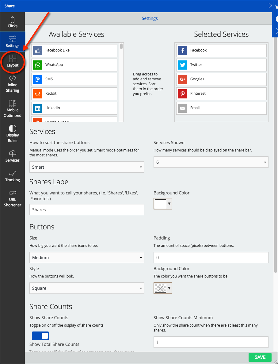 Sumome Share settings