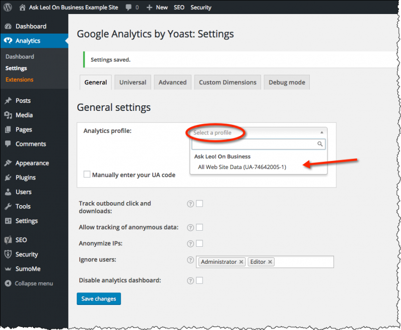 Google Analytics by Yoast settings