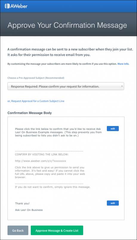 Aweber Confirmation Message