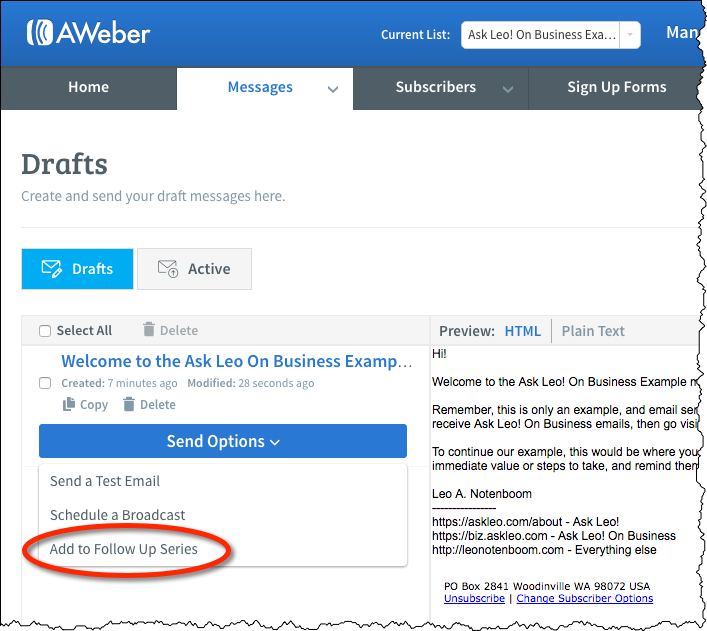 Aweber message in drafts