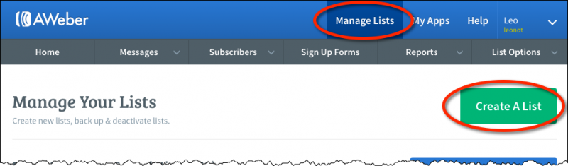 The Aweber Manage Your Lists page