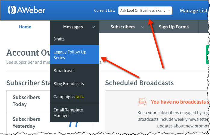 Aweber Messages menu