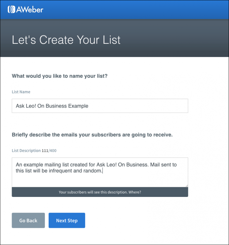 Creating a new list at Aweber, Step 2