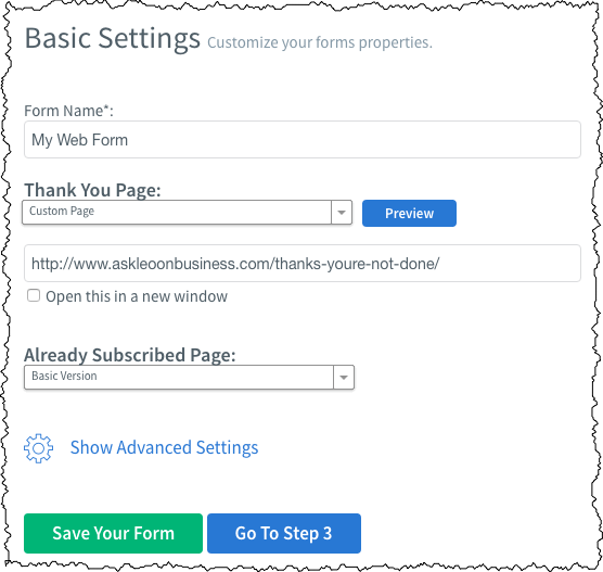 Sign Up Form Basic Settings