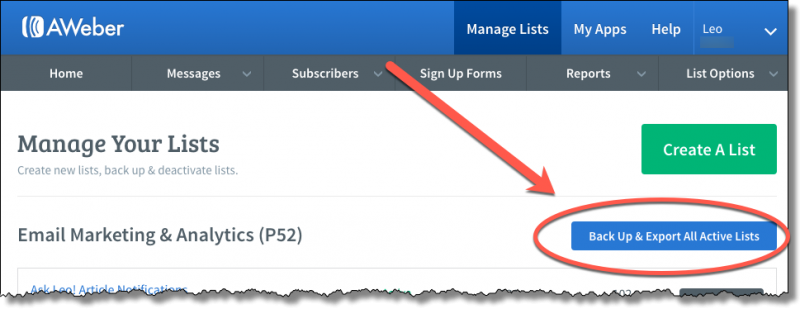 Aweber Backup Lists button