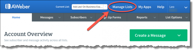 Aweber: Manage Lists link