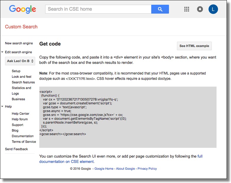 Custom Search Engine Get Code