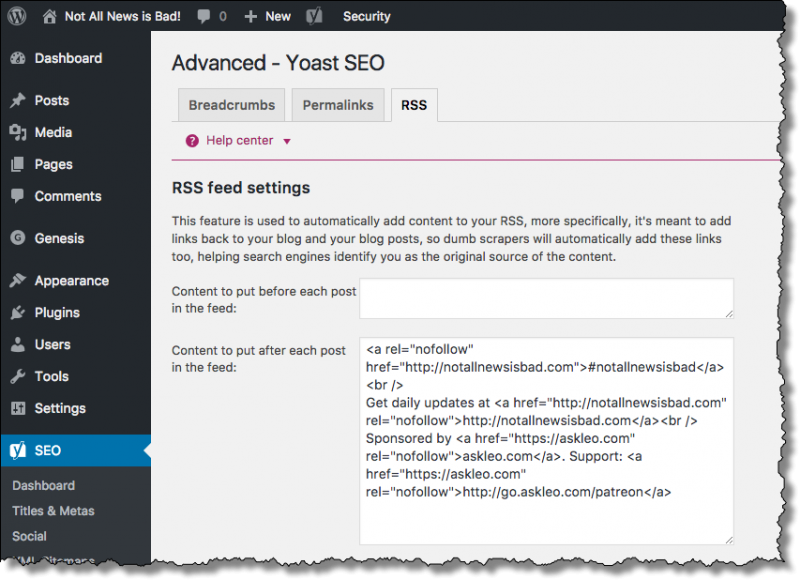 Yoast RSS Settings